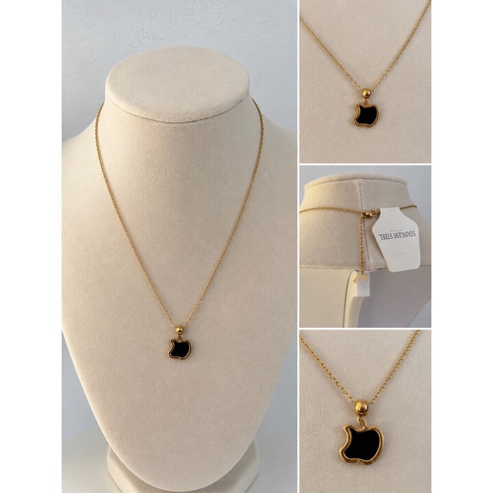 Black Apple Pendant Necklace Gold Stainless Steel Minimal Charm Gift - Picture 7 of 7